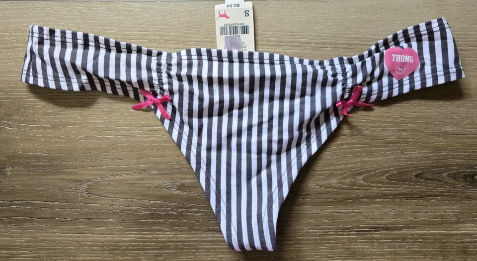 NUEVO CON ETIQUETAS De Colección Victoria's Secret ROSA Rayas Algodón Tanga Bajo Bragas Rosa Lazos S Foto 1 de 3