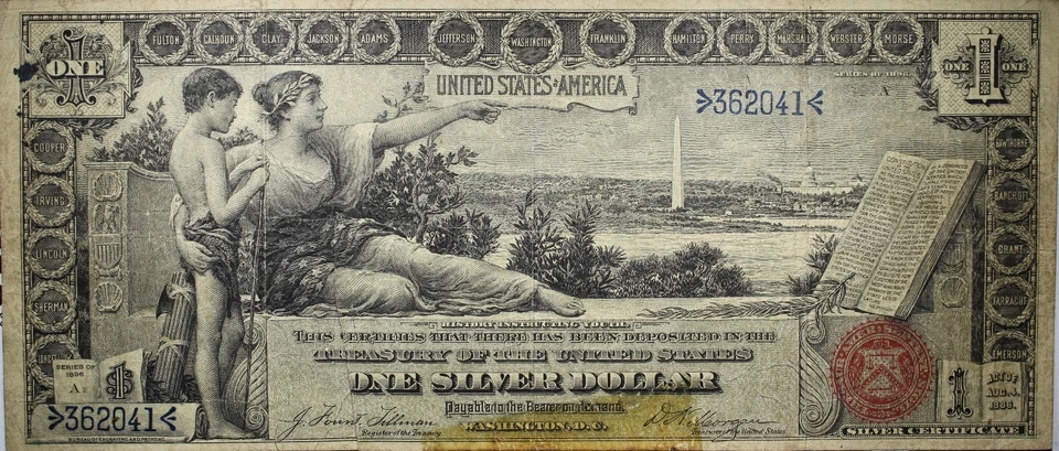 1896 $1 Educational Silver Certificate Tillman Morgan FR.224 VF Damage/Ink P164 - Image 1 of 2