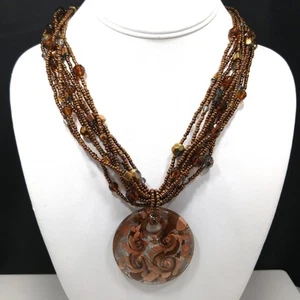 Murano Glass Pendant Beaded Necklace, Bronze Copper Glass, Seed Beads - Picture 1 of 10