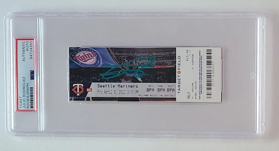 RARE Julio Rodriguez Signed Auto 2022 Twins V Mariners FULL TICKET Green PSA/DNA - Image 1 of 4
