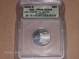 2000 S SILVER STATE QUARTER NEW HAMPSHIRE ICG PF 69 DEEP CAMEO - Picture 1 of 2