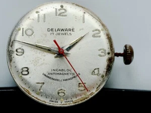 Delaware Watch Movement Incabloc Untimagnetic 17 Jewels Swiss Parts Repair - Picture 1 of 7