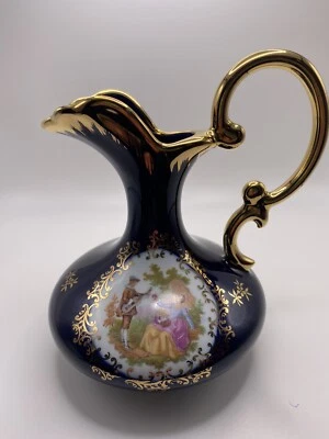 LIMOGES Cobalt Blue Porcelain Pitcher 6”H Fragonard Story Gold Gilded - Image 1 of 4