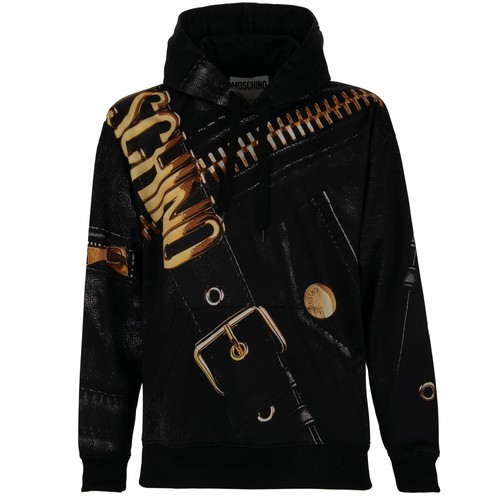 MOSCHINO COUTURE giacca biker stampa logo felpa con cappuccio maglione nero oro