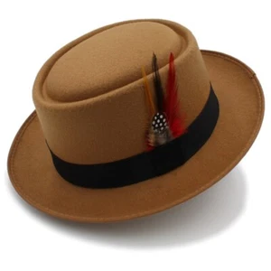 Fashion Hat Wool Flat Fedora Hat Lady Gentleman Trilby Hat With Fashion Feather - Picture 1 of 18