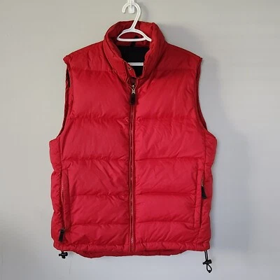 Vtg 90s Y2K GAP Down Puffer Vest Red Color Block Zip Snap Hidden Hood M - Image 1 of 4