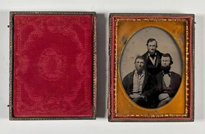 Quarter Plate Tintype in Case (split) Three Men With Beards Blush on Cheeks - Picture 1 of 2