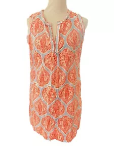 Gretchen Scott Flirt Shift Dress •Women L• Sleeveless V Neck Orange Blue Ruffle - Picture 1 of 11