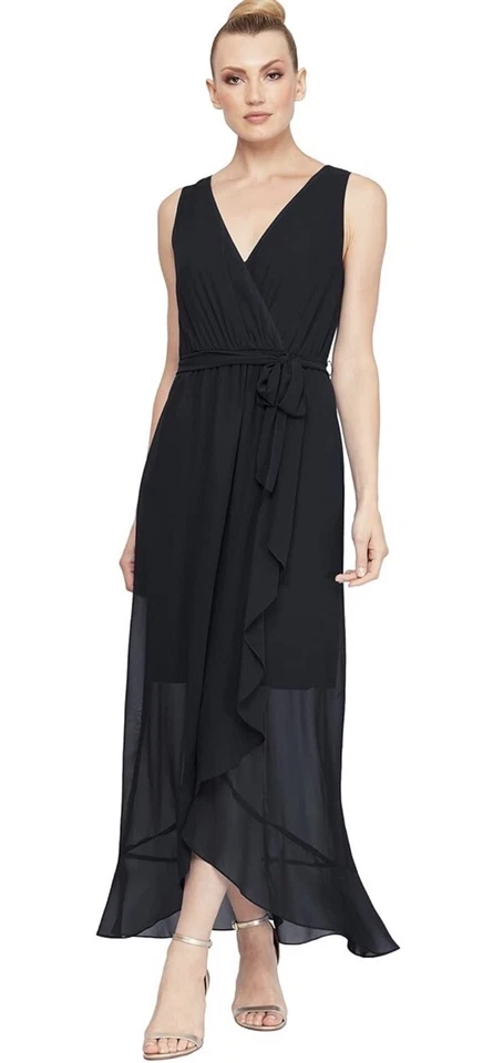 SLNY Women's Blue Sleeveless Surplice V-Neck Lined High Low Maxi Dress Size 10