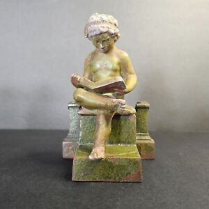 Vintage Bronze Statue Girl Reading 5.5" x 4" Patina Cherub Figurine