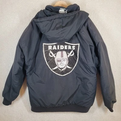 Jaqueta masculina vintage NFL oficial Starter Raiders Oakland tamanho XL com capuz bufante  - Imagem 1 de 4