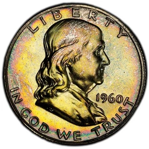 PR66 1960 50C Franklin Silver Half Dollar Proof, PCGS Trueview- Rainbow Toned - Picture 1 of 6
