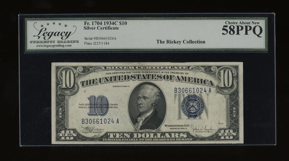 DBR 1934-C $10 Silver Fr. 1704 Legacy 58 PPQ Serial B30661024A - Image 1 of 2