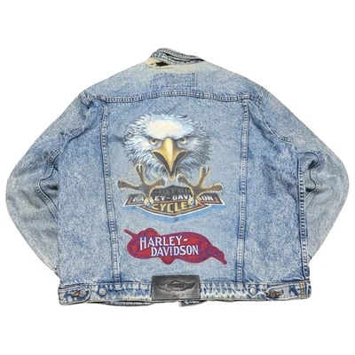 👀Vtg Harley-Davidson Biker Jacket XL Denim Eagle Back Embroidery USA THRASHED - Image 1 of 4