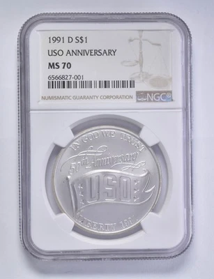 MS70 1991-D USO Commemorative Silver Dollar $1 NGC Brown Lbl *0560 - Image 1 of 4