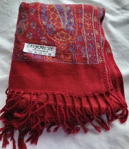 Vintage Red Scarf Wrap Paisley Patterns Blues Gold Tassels 100% Cashmere - Picture 1 of 7