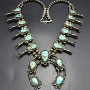 ANTIGUO COLLAR de plata esterlina AZUL-VERDE TURQUESA flor de calabaza peón vintage - Imagen 1 de 23