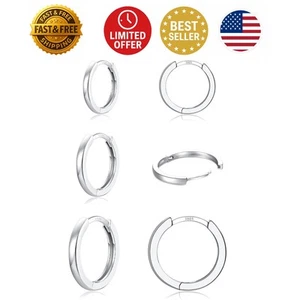 Elegant 3 Pairs 925 Sterling Silver Huggie Hoop Earrings - Hypoallergenic Luxury - Picture 1 of 8