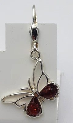 Ambra Farfalla Orecchini Pendenti 925 Argento Vera Ambra Di Lituania - Immagine 1 di 4