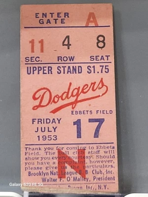 1953 年 7 月 17 日道奇队-红雀队比赛门票存根 Jackie Robinson HITS 第 98 和 99 人力资源 — 第 1/4 张图片
