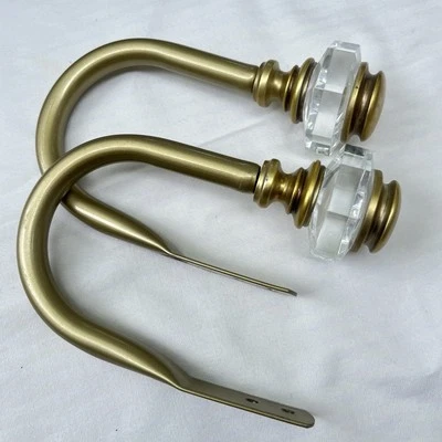 Wall Mounted Pair/2 Single Hooks Clear Acrylic Knobs Gold Tone Curtain Tie Back - Image 1 of 4