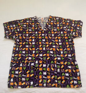 Scrub Top Women's Halloween Peaches Faded Tag -See Measurements in Photos