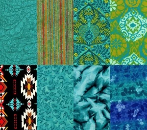 Lote de 8 cuartos de grasa de tela de algodón con estampado turquesa azul FQ - Imagen 1 de 9