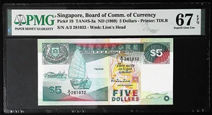 Singapore 5 Dollar 1989 P19 PMG SUPERB GEM UNC EPQ TWAKOW MERLION ORIGINAL PAPER - Picture 1 of 2