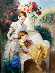 Original Vintage Ölgemälde ""Mädchen im Garten"" signiert, Leinen Leinwand, 30x40 - Bild 1 von 10