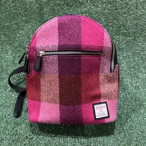 Hand Woven Pure Wool Harris Tweed & Leather Mini Backpack Pink/Black - Picture 1 of 9