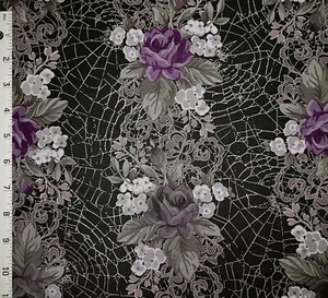 Halloween Black Rose Metallic Web of Roses Cotton Fabric Maywood Goth Vampire - Picture 1 of 1