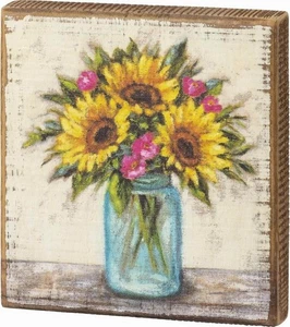 Primitives by Kathy Colorful Sunflowers in Vase Decorative Wooden Block Sign NEW - Picture 1 of 2