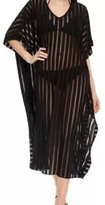 Calvin Klein Maxi Caftán Negro Rayas Poliéster-Rayón, Talla Única Foto 1 de 4