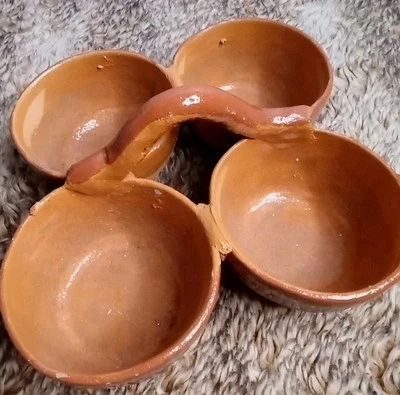 Handmade Painted Mexican Red Clay Handle Serving 4" Bowls Pottery  - Image 1 of 4