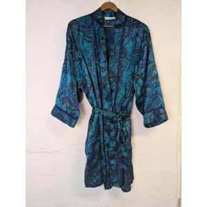 Vtg Cacique Lingerie Robe Kimono Womens Large Blue Green Pattern Colorful Short - Picture 1 of 5