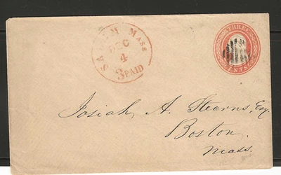 US Scott #U3 used 3c red Washington Stamped Envelope "red" 3c paid Cancel Salem - Image 1 of 2
