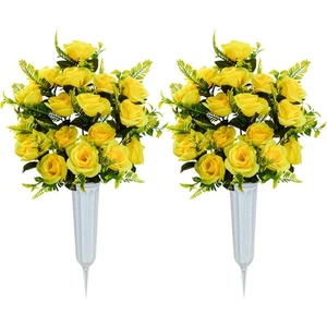 XONOR Artificial Cemetery Flowers with Vase, Set of 2 Artificial Rose Bouquet... - Picture 1 of 6