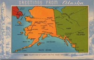 Vintage 1940s ALASKA State Map Greetings Postcard C.P. Johnston Linen / Unused - Picture 1 of 2