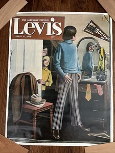 Poster Vintage 1971 Levi’s Sabato Sera Illustrato Paul Davis Fondo Campana - Foto 1 di 4