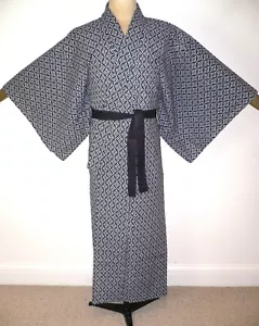 RARA VESTAGLIA KIMONO VINTAGE UOMO GIAPPONESE YUKATA BLU E BIANCO COTONE - Foto 1 di 9