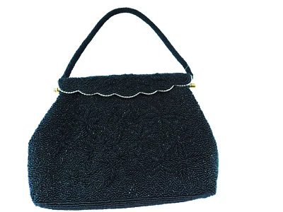 复古 20 世纪 50 年代黑色玻璃串珠钱包带铰边金属闭合 — 第 1/4 张图片