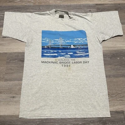 VTG Single Stitch T Shirt Mens Small Womens Medium Mackinac Bridge 1997 Gray - Image 1 of 4