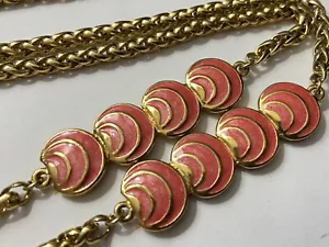 Vintage 35” Long Gorgeous Gold Plated Byzantine Chain Coral Enamel Link Necklace - Picture 1 of 7