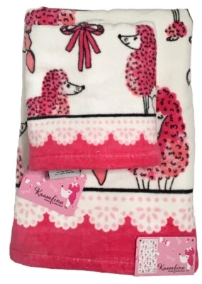 SET 2 KASSAFINA PINK POODLES 🐩 DOGS BOWS 🎀 BATH & HAND TOWEL SET Velour NWT - Image 1 of 4