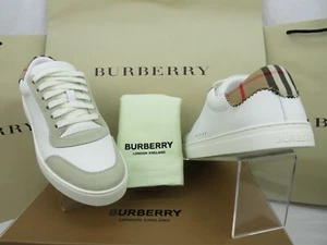 NIB BURBERRY ROBIN WHITE BEIGE CHECK LEATHER LOW LOGO SNEAKERS US 7 40 IT $870 - Picture 1 of 13