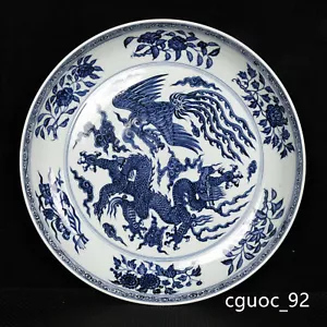 16" Heritage Ming Dinastía Porcelana Marca Xuande Azul Blanco Dragón Fénix Placa - Imagen 1 de 9