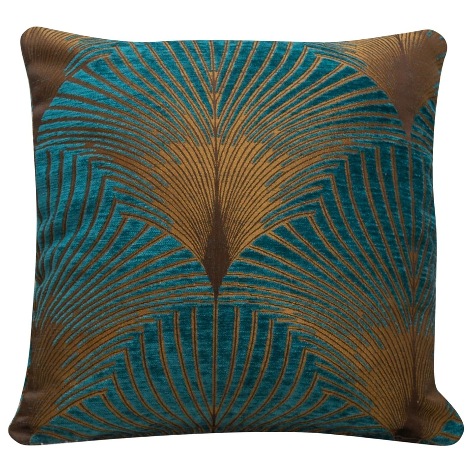 Art Deco Fan Cushion. Luxury Velvet Chenille. Gold & Teal Blue Geometric Design. Foto 1 de 1