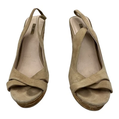 Miu Miu Suede Slingback Platform Wedge Heels Tan Beige Women's Size 8.5 Italy - Image 1 of 4