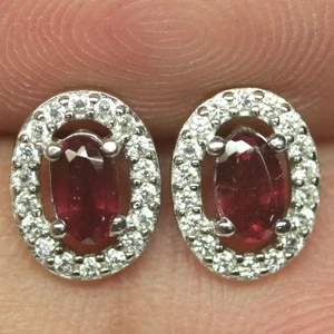 925 Sterling Silver 3 x 5 mm. Red Ruby & Cubic Zirconia Jewelry Earrings - Picture 1 of 4