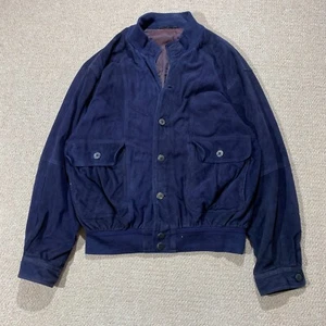 VINTAGE Suede Bomber Jacket Mens Large Navy Blue Flight Real Leather 90s - Picture 1 of 13